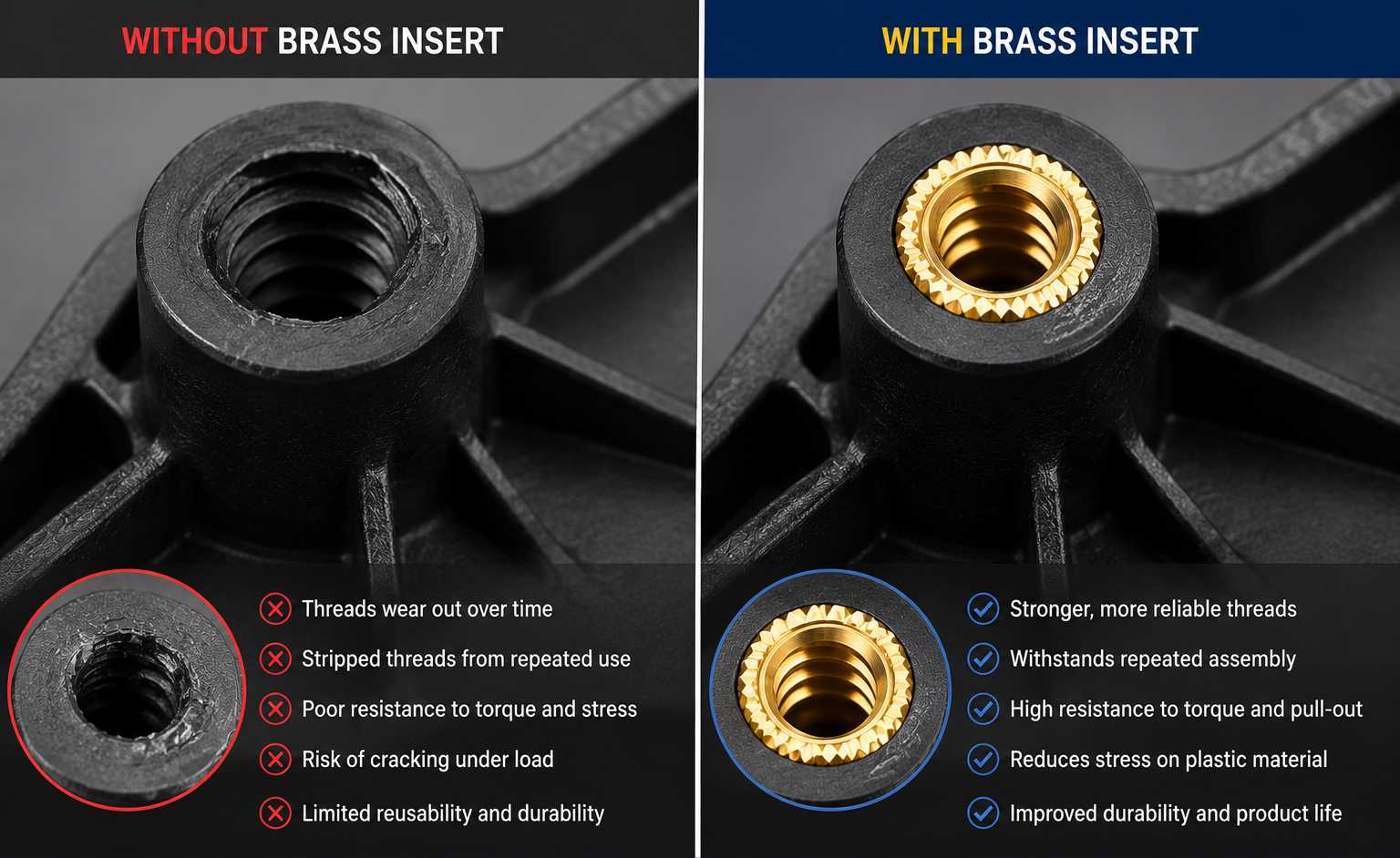 plastic thread vs brass insert install thread