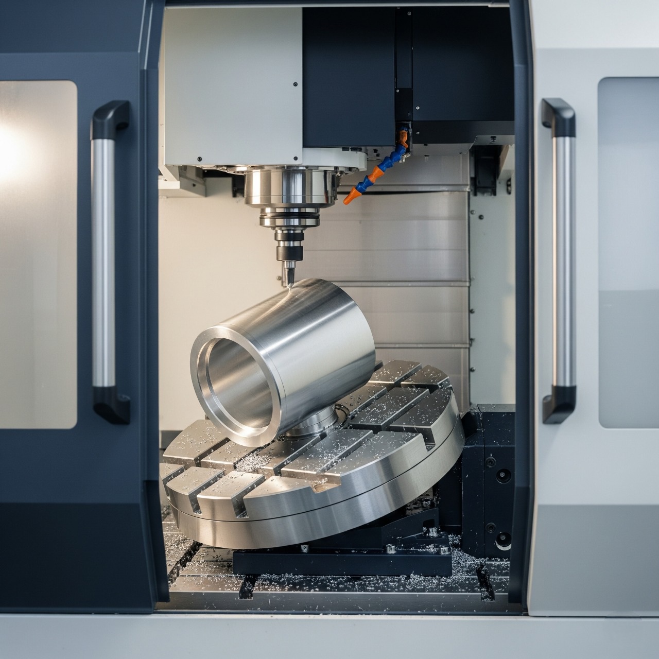 5-axis CNC milling machine setup with clamped aluminum part for multi-angle machining