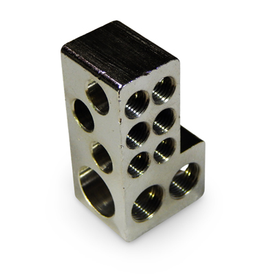 Brass CNC milled block with multiple drilled and tapped holes, chrome plated surface finish