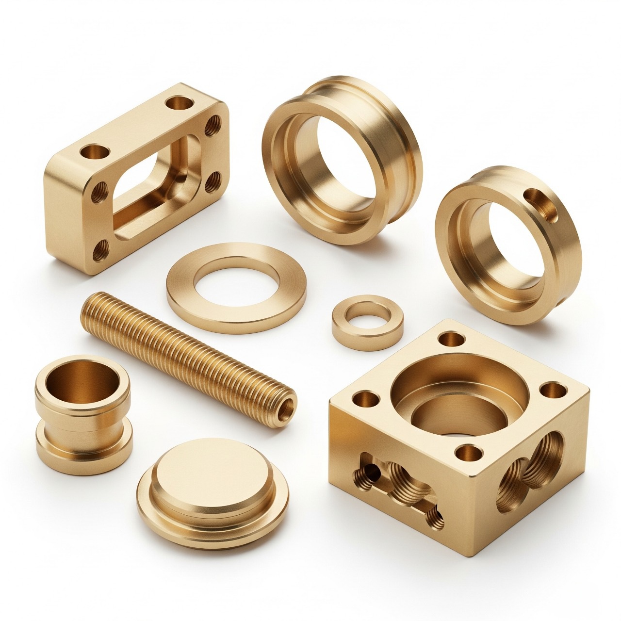 CNC machined brass part with milled pockets and drilled holes