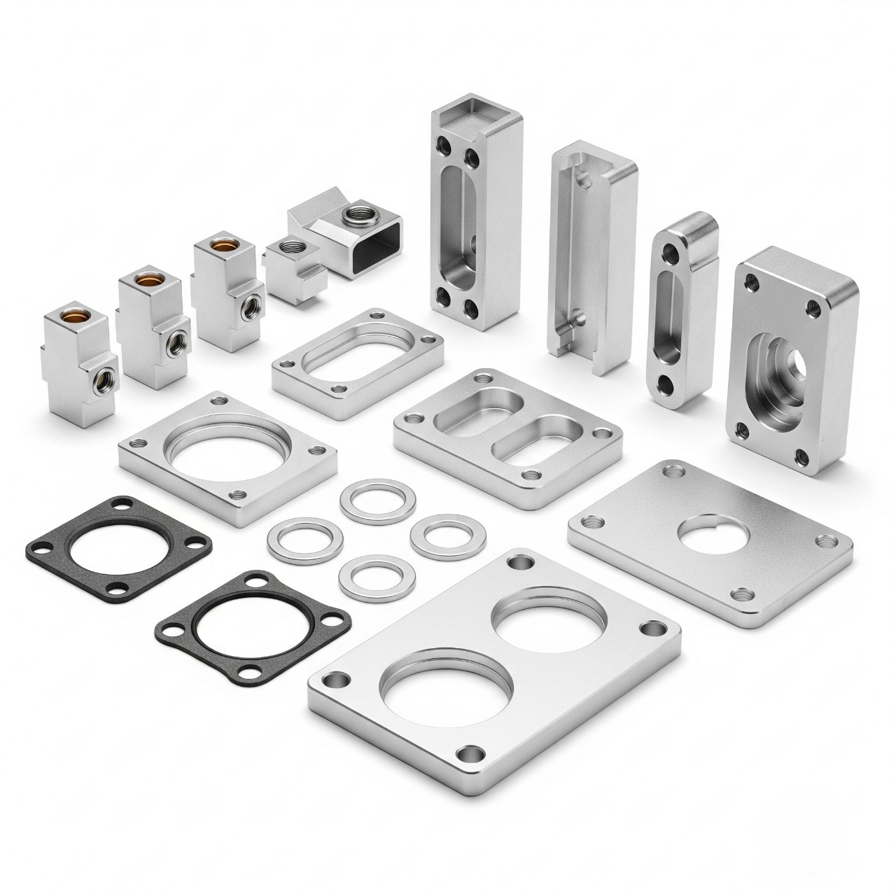 CNC machined aluminum part with milled slots and stepped profiles