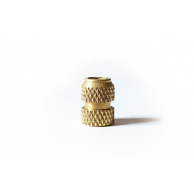Brass M6 diamond-knurled threaded insert with chamfered entry for plastic parts