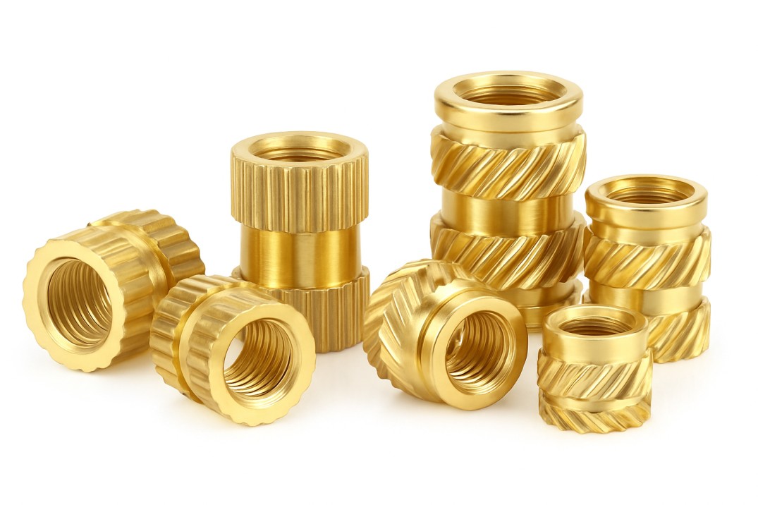 Close-up of brass threaded inserts with diamond and stright knurling for plastic molding applications