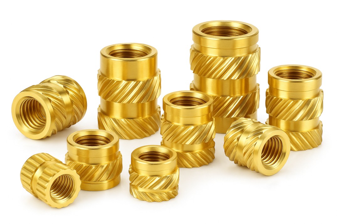 Helical knurled brass inserts for injection molded plastic components