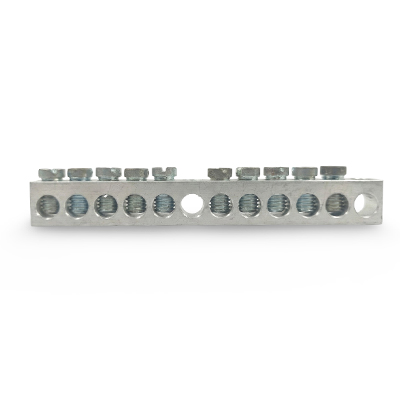 Aluminum neutral bar with 12 threaded terminals and mounting holes for panels
